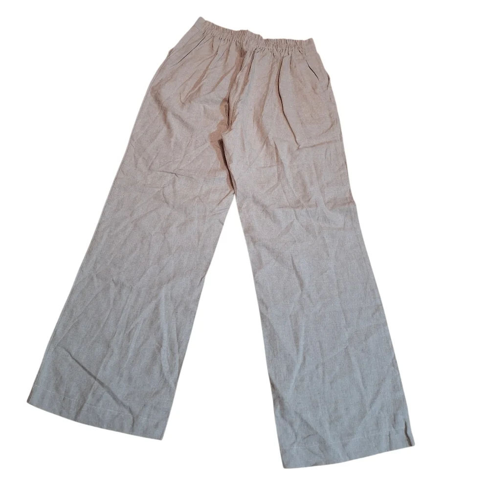 100% LINEN Beige Wide-Leg Pants Boho Coastal Lagenlook TAN Beach Vacation Cruise